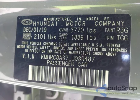 2020 Hyundai Venue Sel z USA, uszkodzony, nr VIN KMHRC8A37LU039487